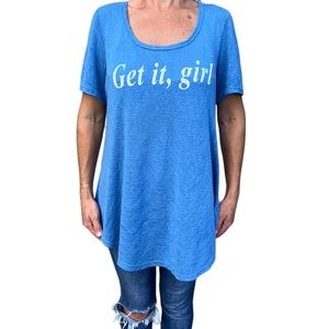 Wallpapher‎ | “Get it, girl” Tunic Blouse Short Sleeves Blue XL